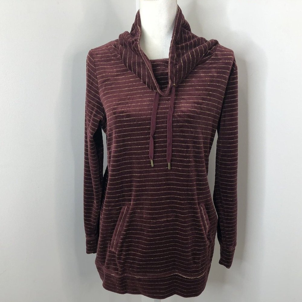 Made For Life Womens Size Small Tunic Merlot Gold Velour Lurex Cowl Neck Top